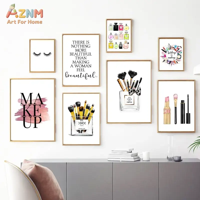 Beauty Of Makeup Quotes - AZNM Rosa Mode-Make-up-Leinwand-Wandkunst Parfüm Lippenstift Wimpernbürste