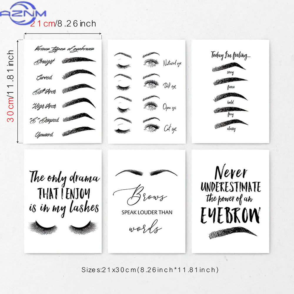 Beauty Of Makeup Quotes - Set aus 6 Augenbrauen- und Wimpern-Leinwand-Wandkunstdrucken,