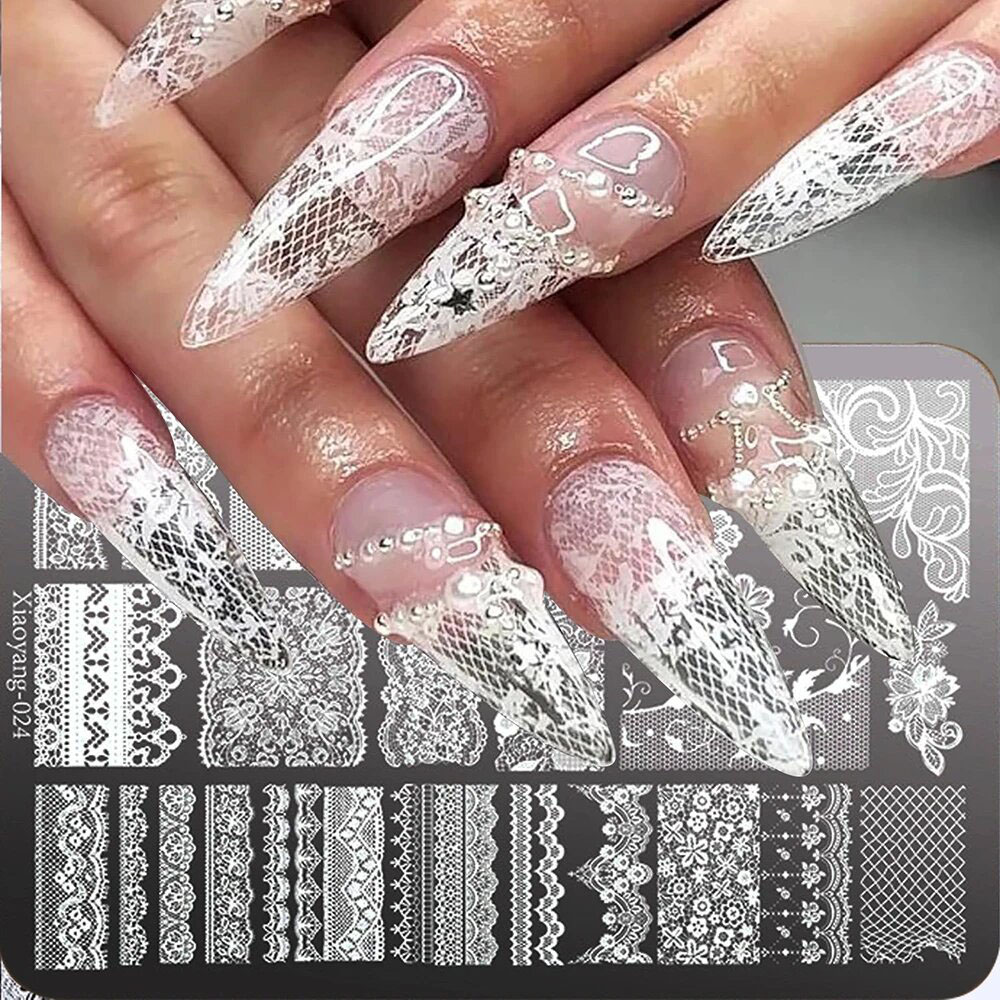 Nail Art Stamping Kit - 14,5*9,5 Spitzen-Metall-Nagelkunst-Stempelschablone mit Blumen- und Schmetterlingsdruck