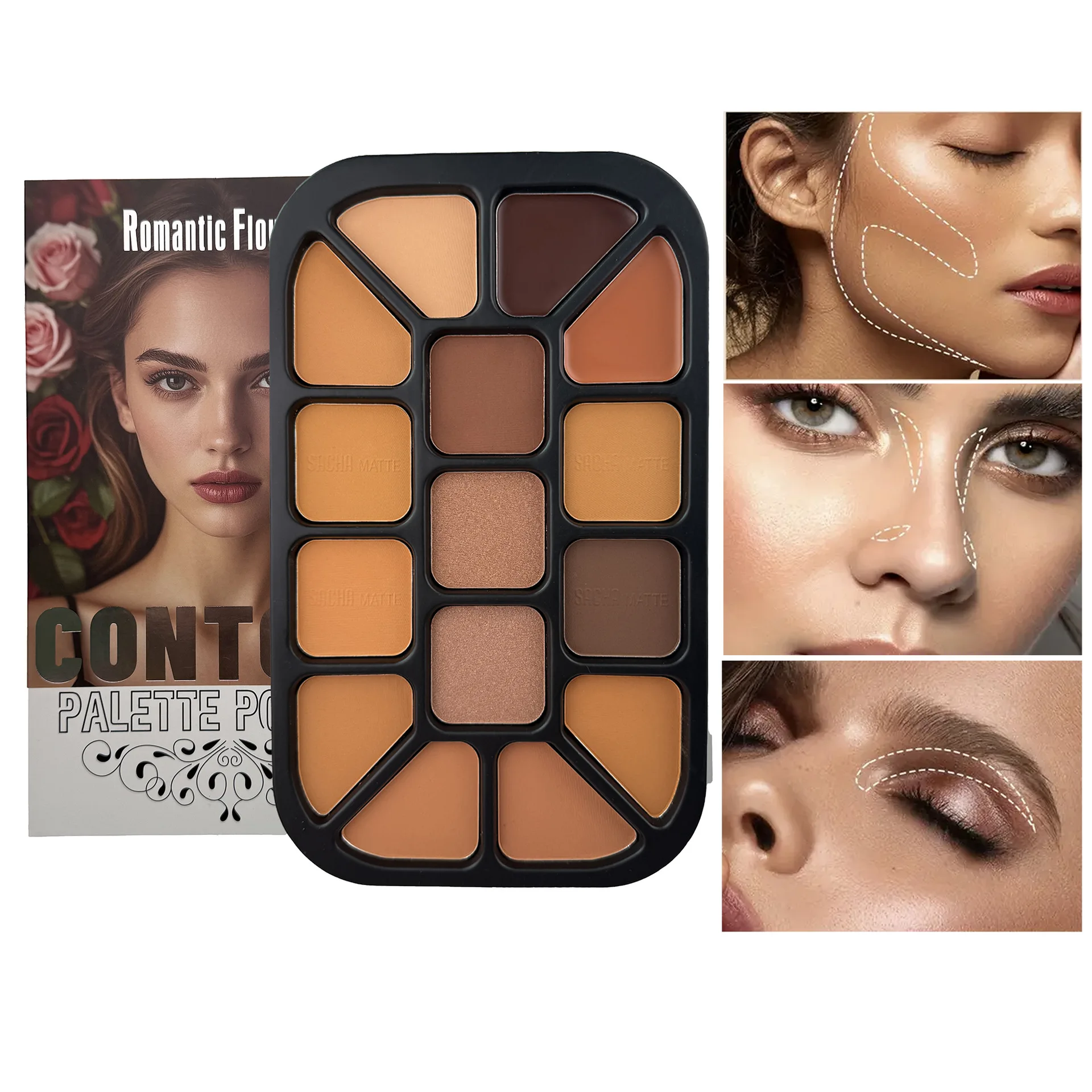Highlighter Bronzer Palette - 15-Farben-Gesichtskontur-Puder-Palette, mattierter Textmarker, natürlicher Schattierungs-Concealer, nasse
